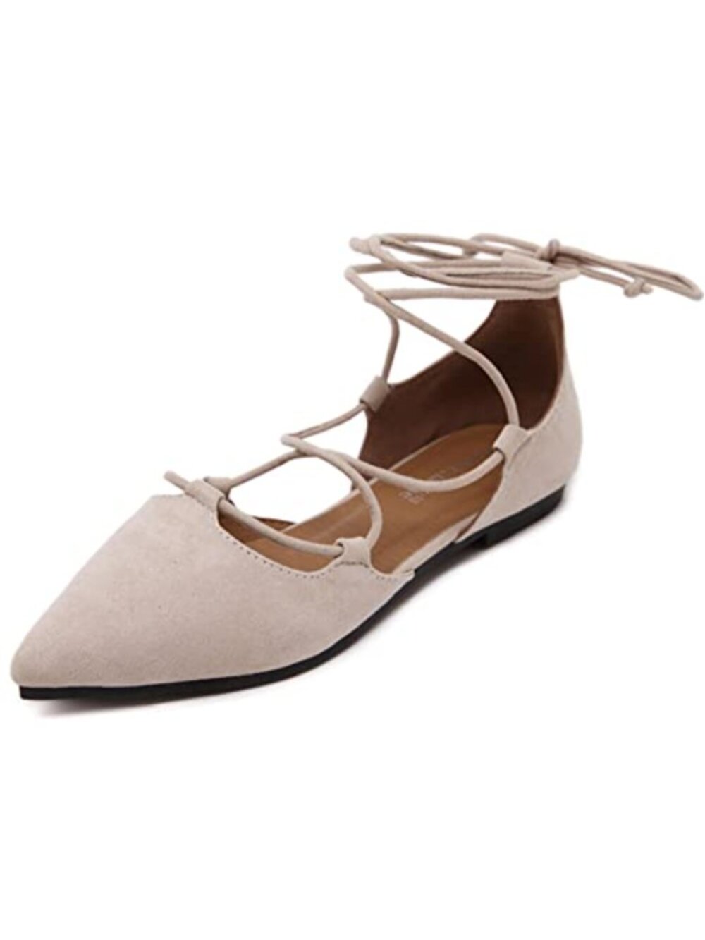 Pointed Toe Ankle Strap Ballet Flats Lace-Up Women's Ballerina Shoes Faux Suede